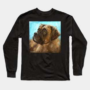 Thick Oil Painting of a Brown Coated Boxer Dog Looking to the Side on Blue Background Long Sleeve T-Shirt